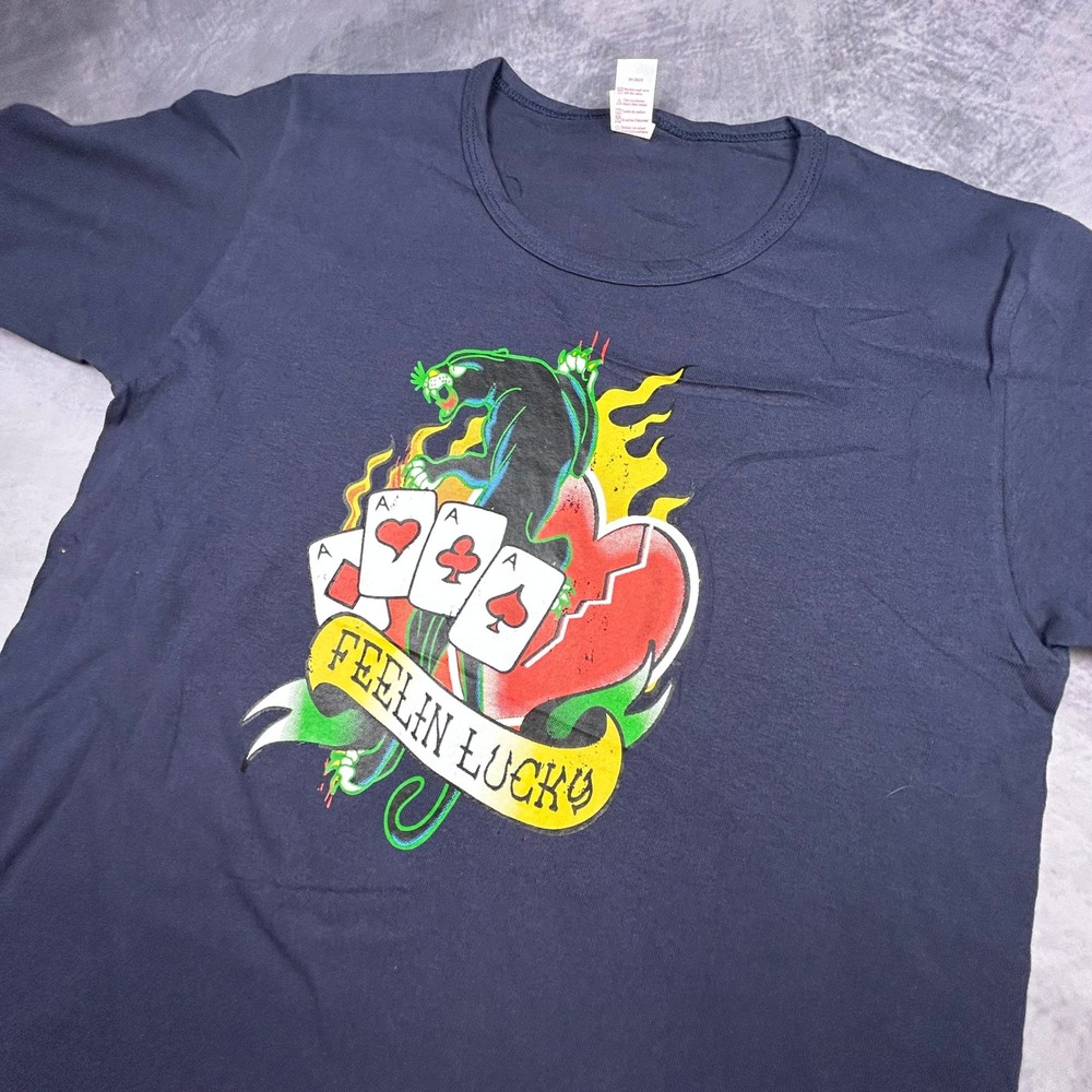 Vintage Anvil Feelin Lucky Panther Tattoo Graphic Tee Navy Blue Small Y2K - Picture 3 of 6